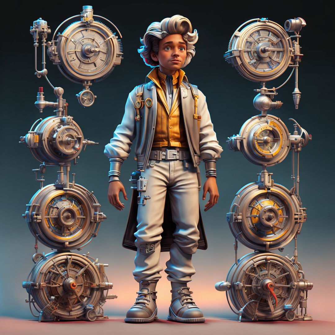 This 3D digital art depicts a Marty McFly-like character in a unique outfit that merges elements from the 1600s, 1900s, and 1990s