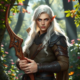 A male fey elf ranger stands confidently in a vibrant, enchanted forest, showcasing his ethereal beauty