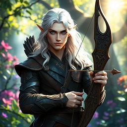 A male fey elf ranger stands confidently in a vibrant, enchanted forest, showcasing his ethereal beauty