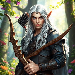 A male fey elf ranger stands confidently in a vibrant, enchanted forest, showcasing his ethereal beauty