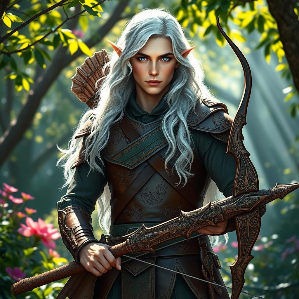 A male fey elf ranger stands confidently in a vibrant, enchanted forest, showcasing his ethereal beauty
