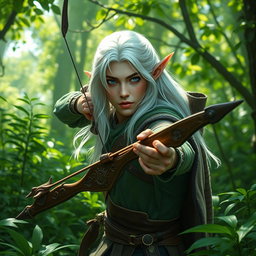 A fey elf ranger, characterized by his striking blue eyes and flowing white hair, skillfully navigates a dense emerald forest