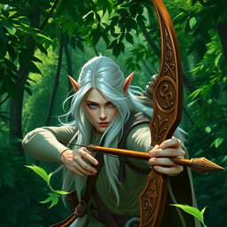 A fey elf ranger, characterized by his striking blue eyes and flowing white hair, skillfully navigates a dense emerald forest