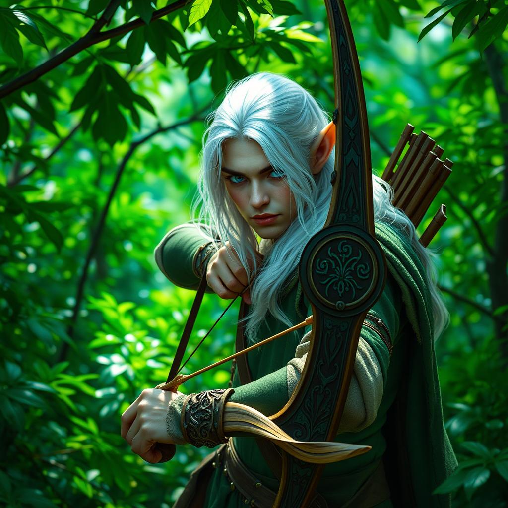 A fey elf ranger, characterized by his striking blue eyes and flowing white hair, skillfully navigates a dense emerald forest