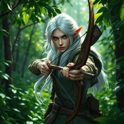 A fey elf ranger, characterized by his striking blue eyes and flowing white hair, skillfully navigates a dense emerald forest
