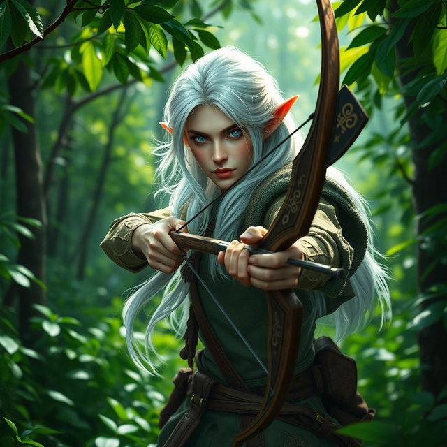 A fey elf ranger, characterized by his striking blue eyes and flowing white hair, skillfully navigates a dense emerald forest
