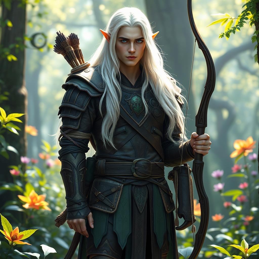 A majestic fey elf ranger male stands tall in a vibrant, magical forest