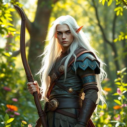 A majestic fey elf ranger male stands tall in a vibrant, magical forest