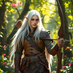 A majestic fey elf ranger male stands tall in a vibrant, magical forest