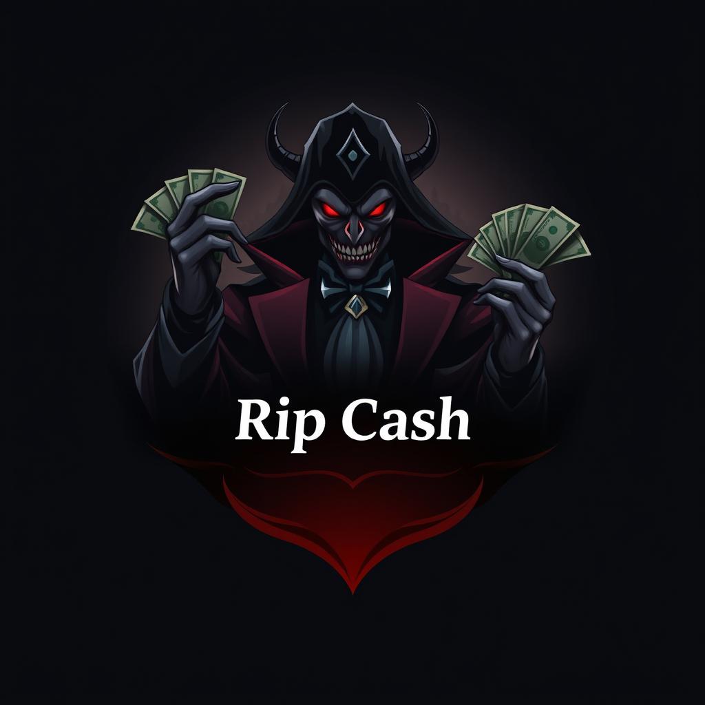 A logo design featuring a mysterious figure resembling a Shanghai, with a dark and terrifying aura, holding money in one hand
