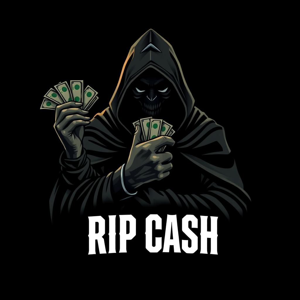 A logo design featuring a mysterious cloaked figure with an obscured face, holding a stack of money in one hand
