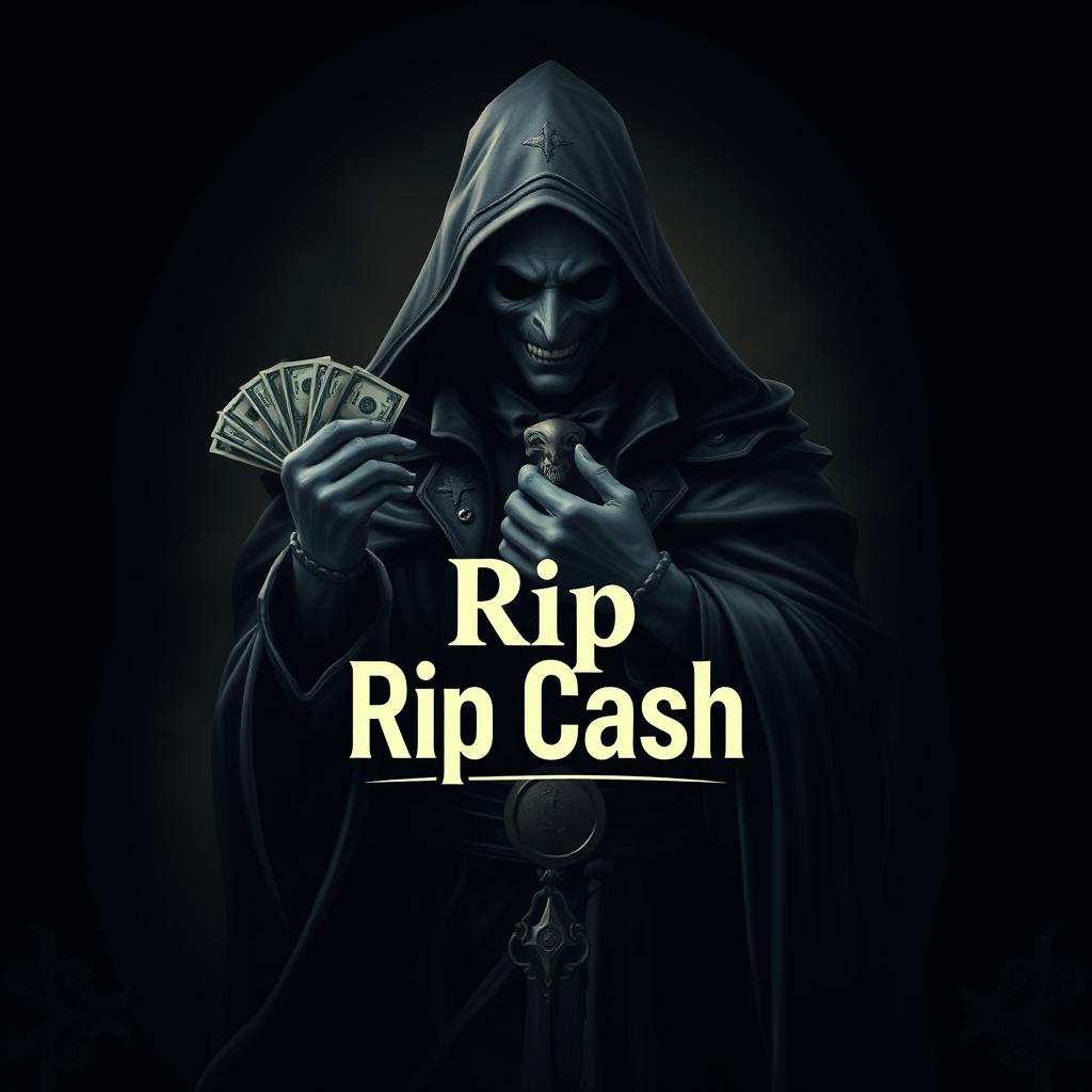 A logo design featuring a mysterious figure resembling an unknown magician, dressed in an elaborate cloak, with their face shrouded in darkness