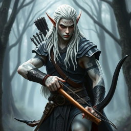 A male elf battle ranger in a dynamic battle stance, looking serious and focused