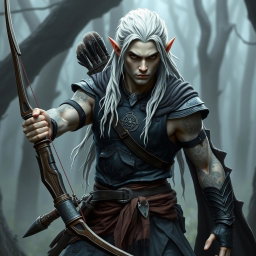 A male elf battle ranger in a dynamic battle stance, looking serious and focused