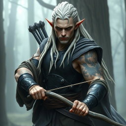 A male elf battle ranger in a dynamic battle stance, looking serious and focused