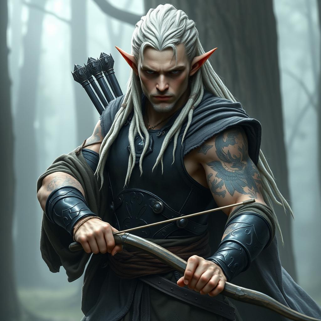 A male elf battle ranger in a dynamic battle stance, looking serious and focused