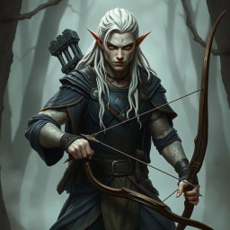 A male elf battle ranger in a dynamic battle stance, looking serious and focused