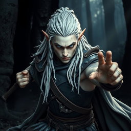 A male elf battle ranger striking a fierce battle stance, ready for action