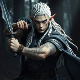 A male elf battle ranger striking a fierce battle stance, ready for action