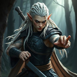 A male elf battle ranger striking a fierce battle stance, ready for action