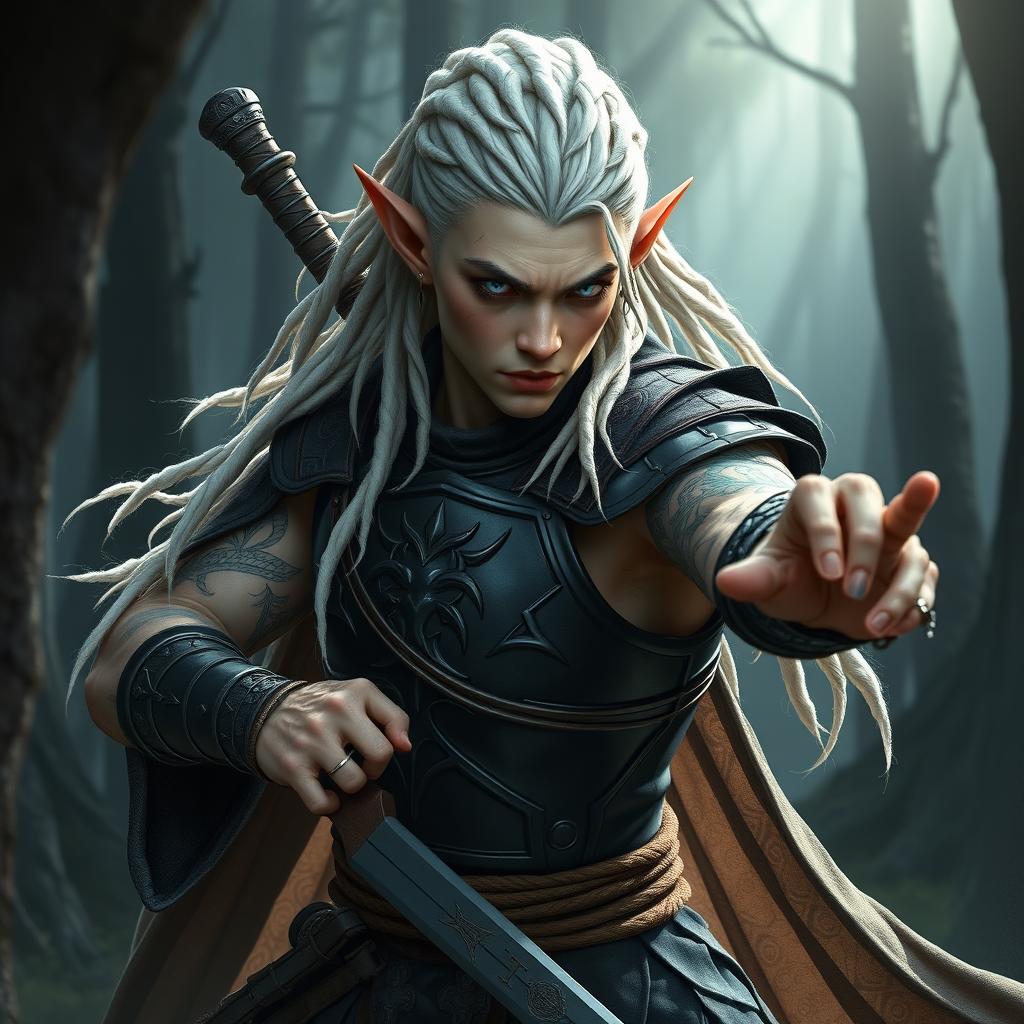A male elf battle ranger striking a fierce battle stance, ready for action