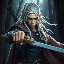 A male elf battle ranger striking a fierce battle stance, ready for action
