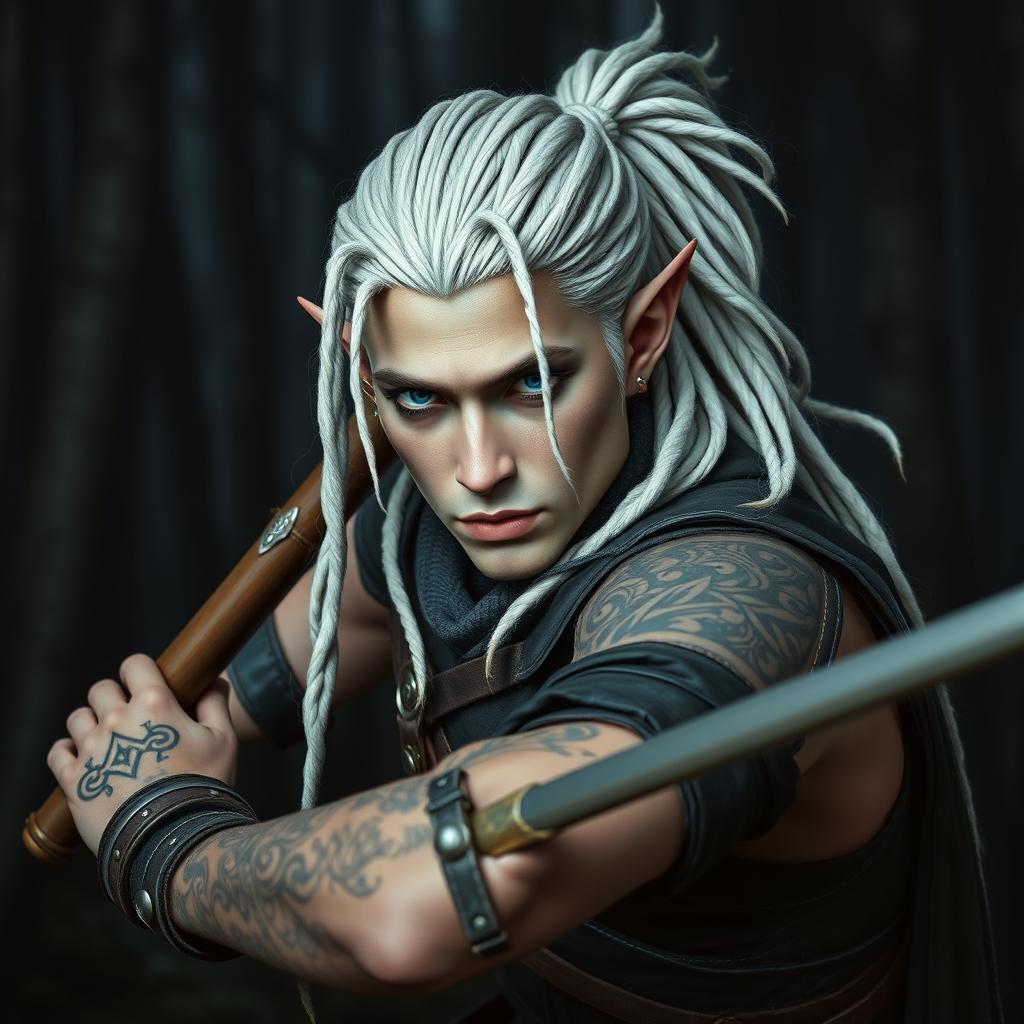 A male elf battle ranger poised in a ready battle stance, exuding confidence and readiness