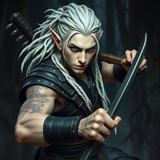 A male elf battle ranger poised in a ready battle stance, exuding confidence and readiness