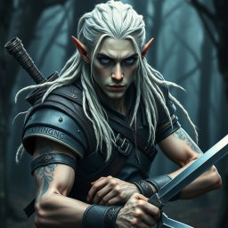 A male elf battle ranger poised in a ready battle stance, exuding confidence and readiness