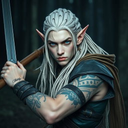 A male elf battle ranger poised in a ready battle stance, exuding confidence and readiness