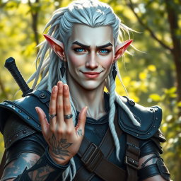 A male elf battle ranger greeting with a friendly demeanor, standing confidently in dark leather armor