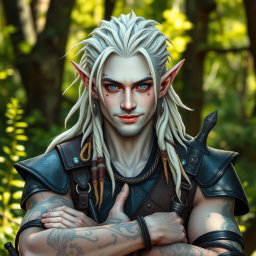 A male elf battle ranger greeting with a friendly demeanor, standing confidently in dark leather armor