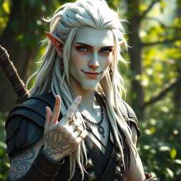 A male elf battle ranger greeting with a friendly demeanor, standing confidently in dark leather armor