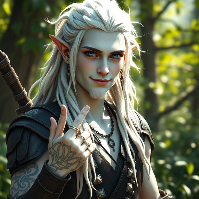 A male elf battle ranger greeting with a friendly demeanor, standing confidently in dark leather armor