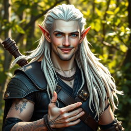 A male elf battle ranger greeting with a friendly demeanor, standing confidently in dark leather armor