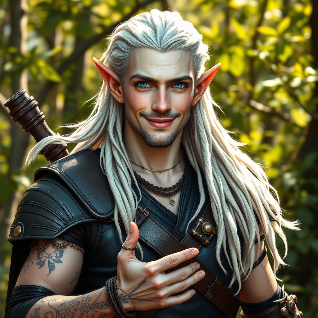 A male elf battle ranger greeting with a friendly demeanor, standing confidently in dark leather armor