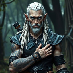A male elf battle ranger standing confidently in dark leather armor, greeting with a serious yet approachable demeanor