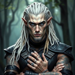 A male elf battle ranger standing confidently in dark leather armor, greeting with a serious yet approachable demeanor