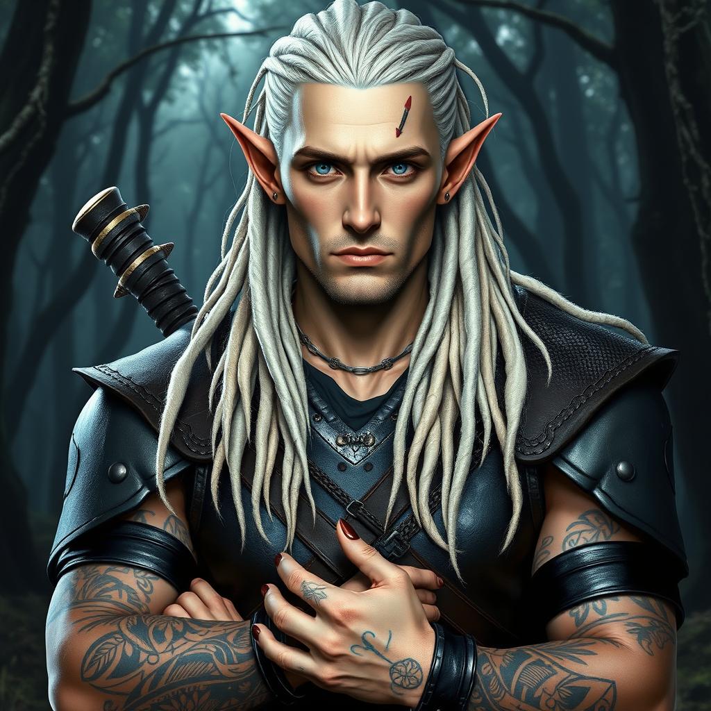 A male elf battle ranger standing confidently in dark leather armor, greeting with a serious yet approachable demeanor