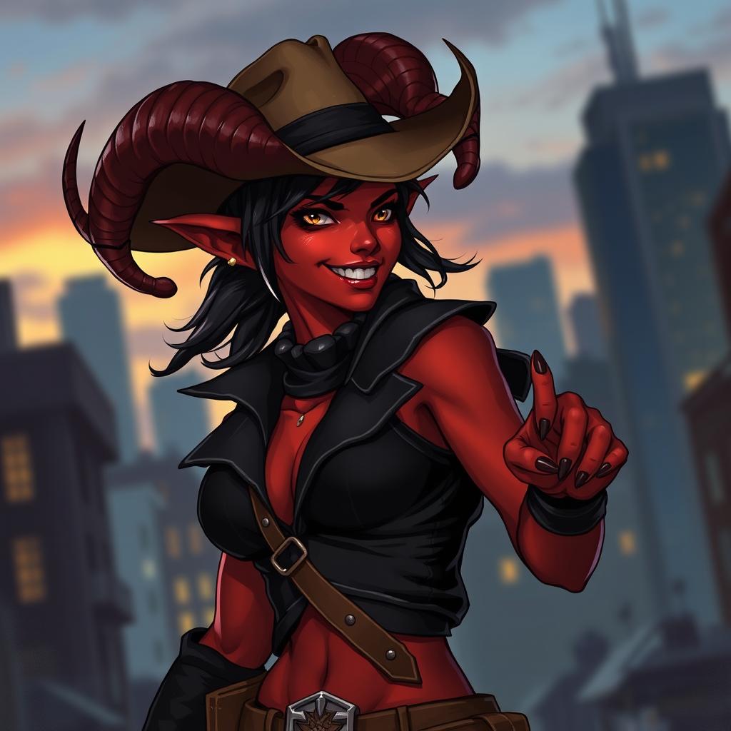 A striking female Tiefling rogue depicted in an action-packed Dungeons and Dragons art style