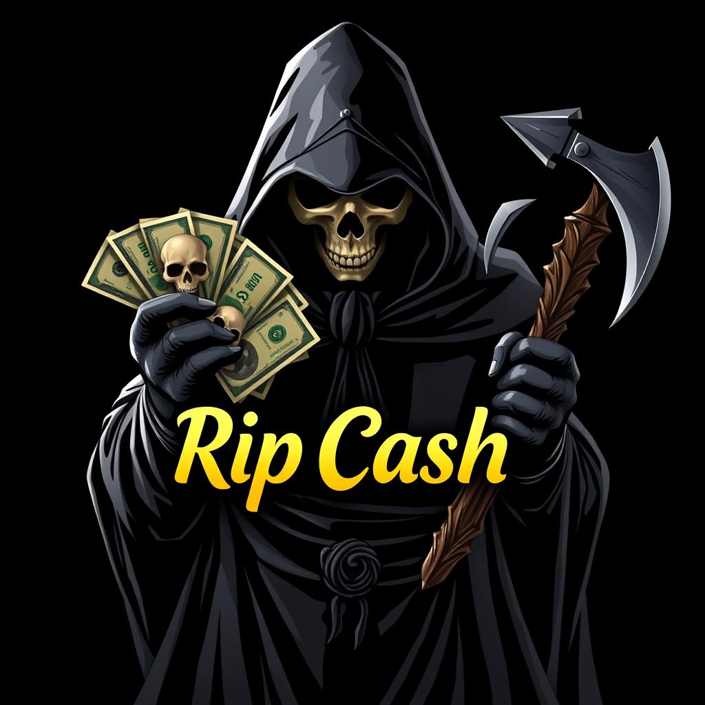 A logo design featuring a mysterious cloaked figure resembling an unknown magician, whose face is hidden from view, holding a bundle of money in one hand
