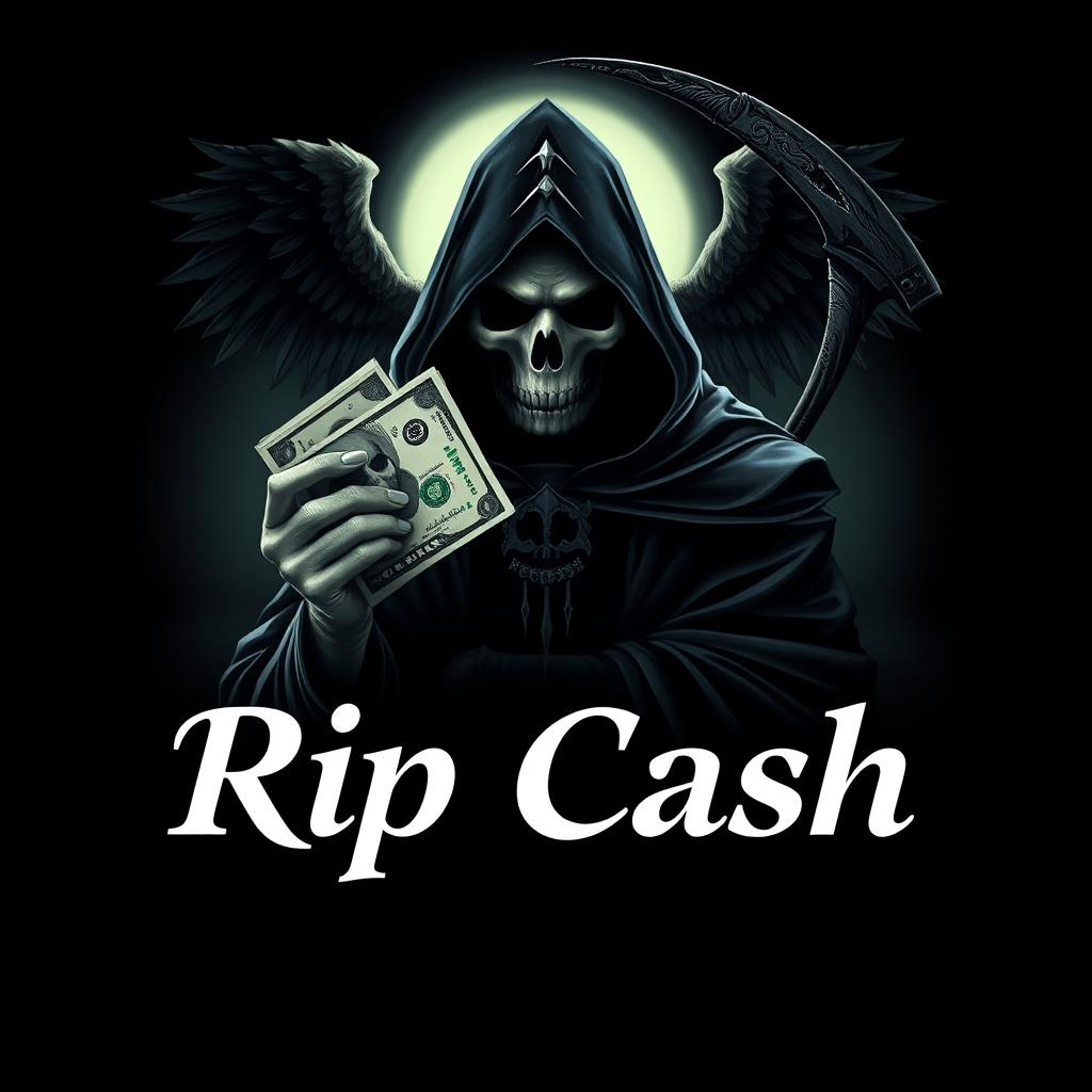 A logo design featuring a mysterious figure resembling an unknown magician, cloaked and with a concealed face, holding a stack of money in one hand