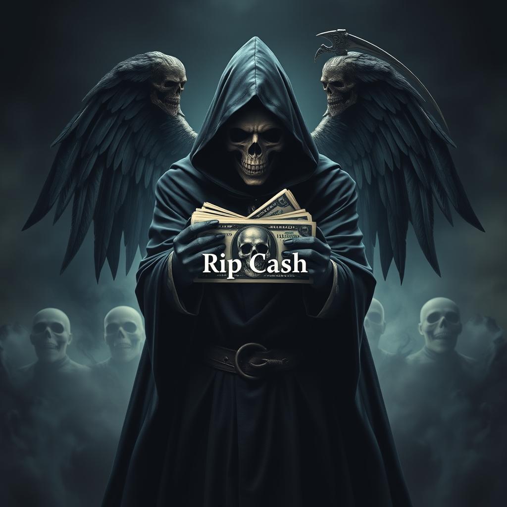 A mysterious figure resembling an unknown magician wearing a dark cloak, face hidden in shadows, holding a stack of money