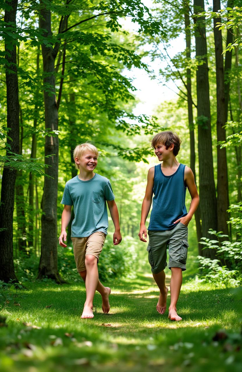 Two 14-year-old Nordic friends, barefoot, walking through a lush green forest