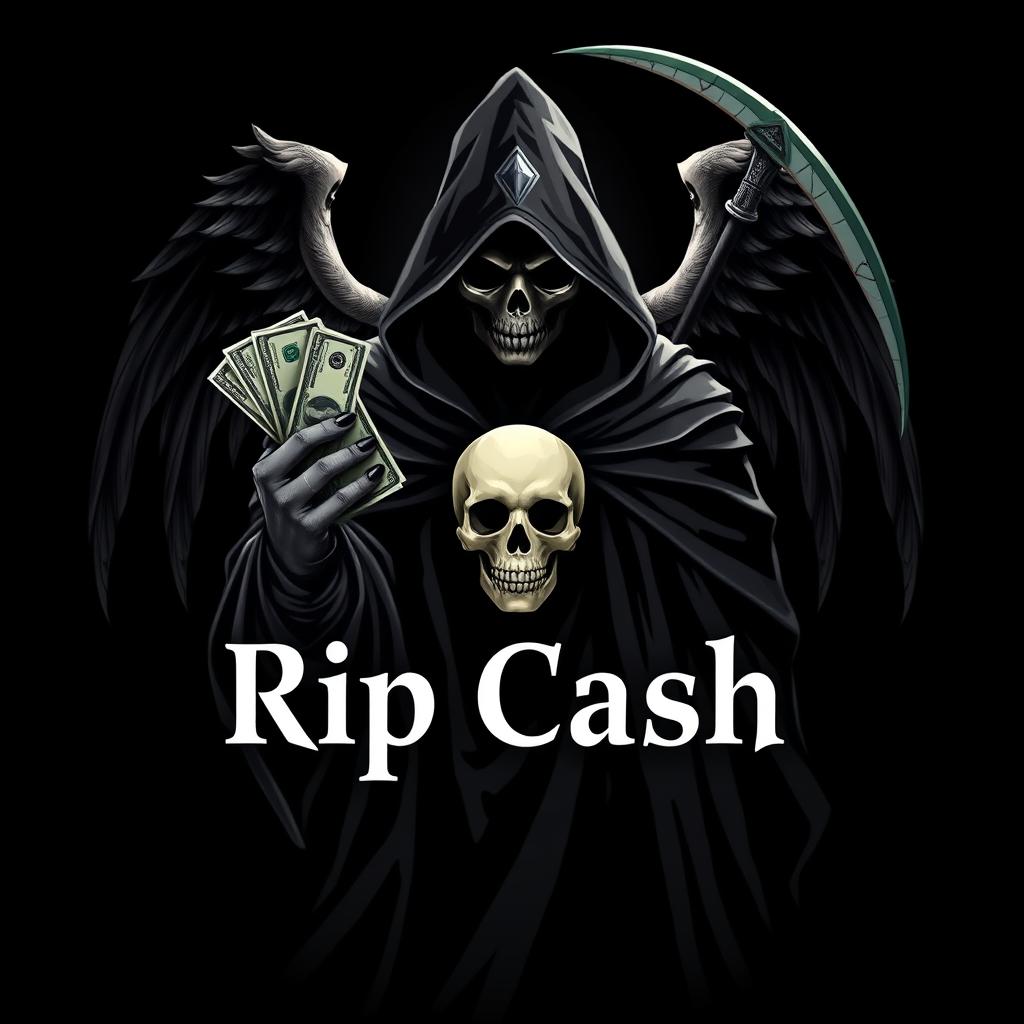 A logo design featuring a mysterious figure resembling an unknown magician, shrouded in a flowing cloak with their face obscured