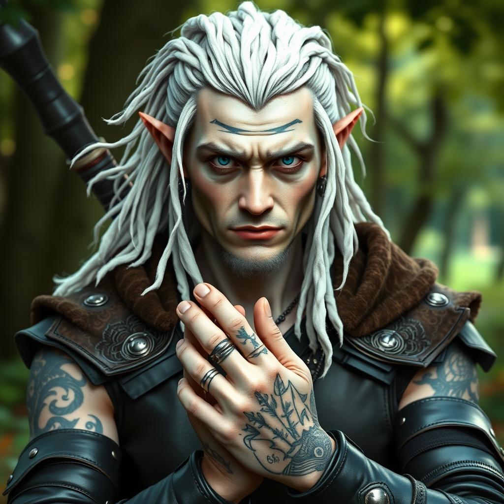 A male elf battle ranger greeting with a serious yet sincere expression, dressed in dark leather armor that suggests both strength and agility