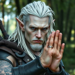 A male elf battle ranger greeting with a serious yet sincere expression, dressed in dark leather armor that suggests both strength and agility