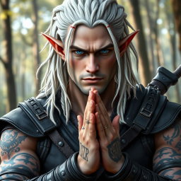 A male elf battle ranger greeting with a serious yet sincere expression, dressed in dark leather armor that suggests both strength and agility