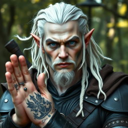 A male elf battle ranger greeting with a serious yet sincere expression, dressed in dark leather armor that suggests both strength and agility