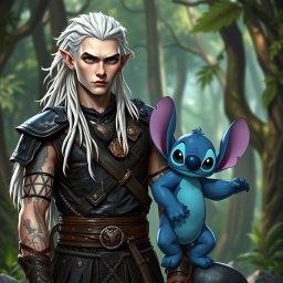 A male elf battle ranger standing straight, exuding confidence in his dark leather armor